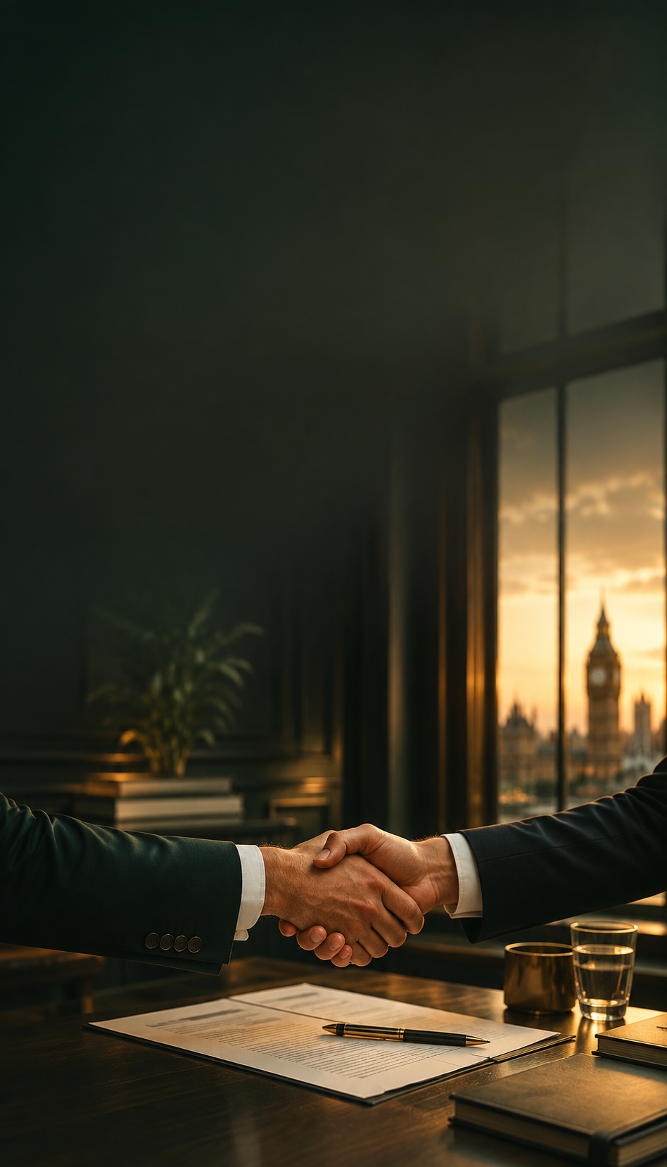 A handshake in a Chartwells advisory meeting, with the Houses of Parliament visible through the window at sunset